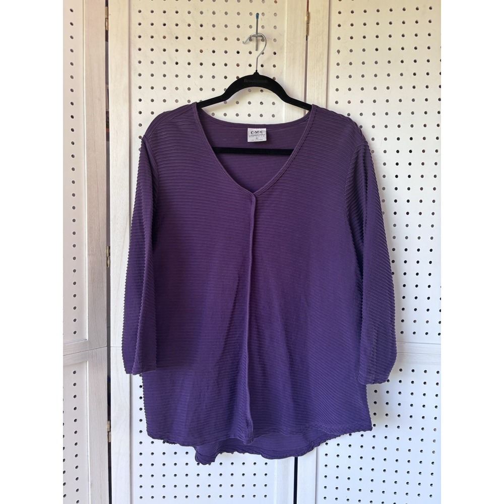CMC Color Me Cotton V Neck Ribbed 3/4 SLV Shirt Womens Lg Purple USA